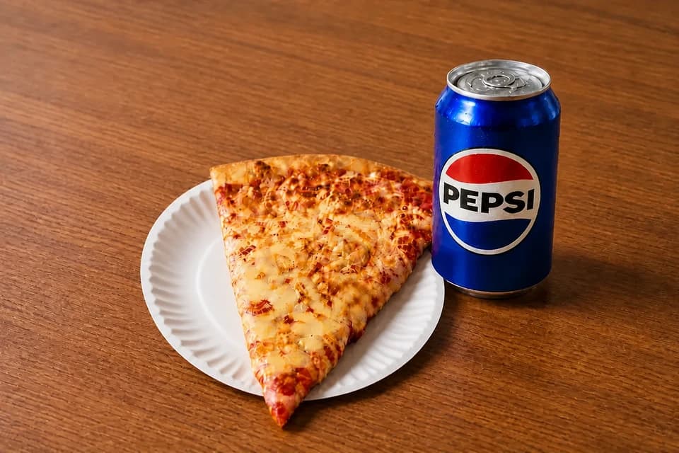 Cheese pizza slice on a paper plate with a cold Pepsi can
