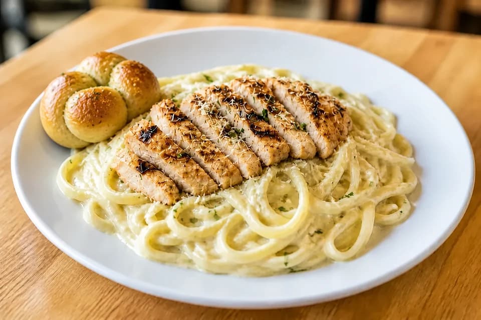 Pasta topped with sliced grilled chicken