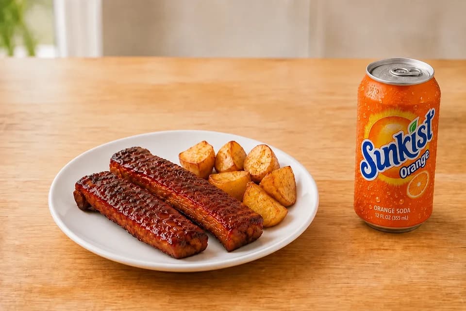 Two barbecue ribs with roasted potatoes and a Sunkist can