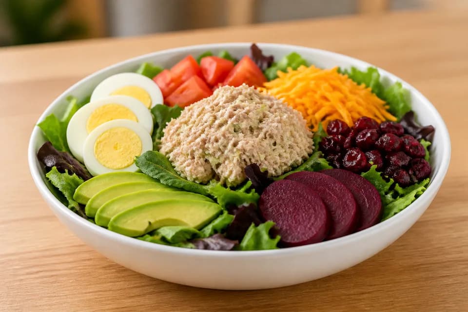 Tuna salad with eggs, tomatoes, cheddar, cranberries, beets, and avocado