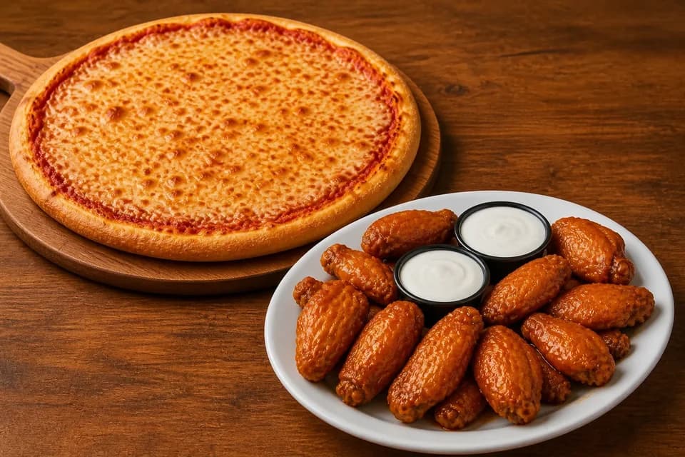 Medium cheese pizza with a platter of twelve sauced wings and two dipping sauces