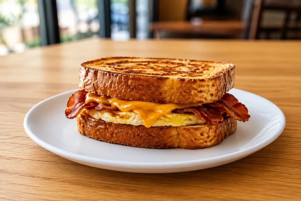 Bacon, egg, and cheese sandwich on French toast