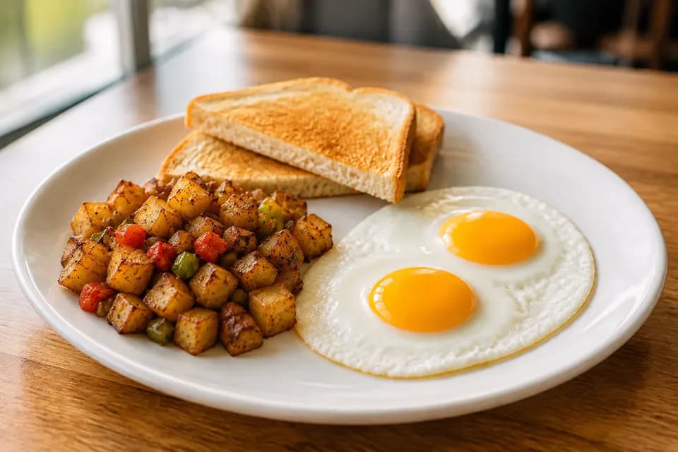 Two eggs with home fries and toast